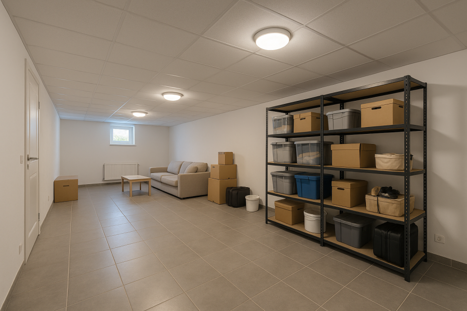 Ein Keller-Schutzraum, im Vordergrund ein Regal mit Vorräten, hinten ein Sofa als eine Sitzgelegenheit mit Tisch
